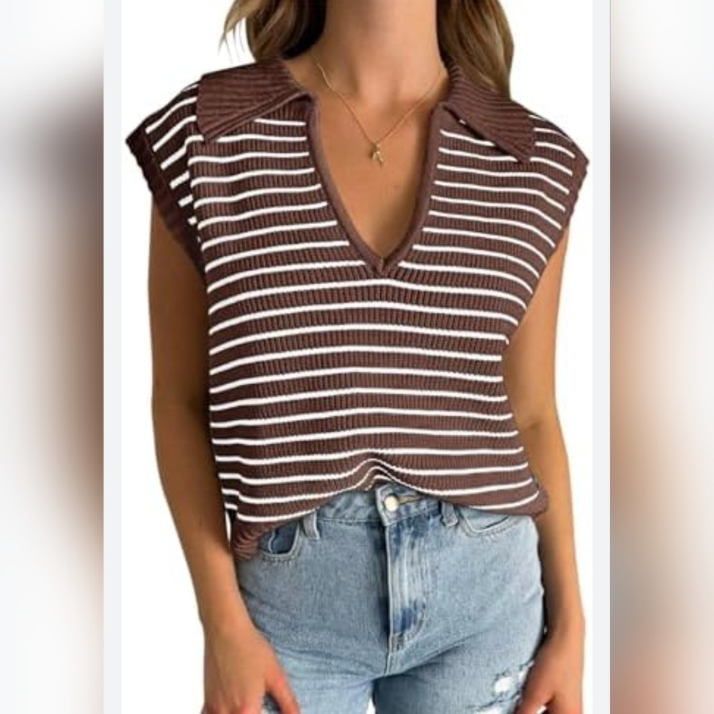 Women's V-Neck Cap Sleeve Oversized Collared Sleeveless Striped Sweater Vest